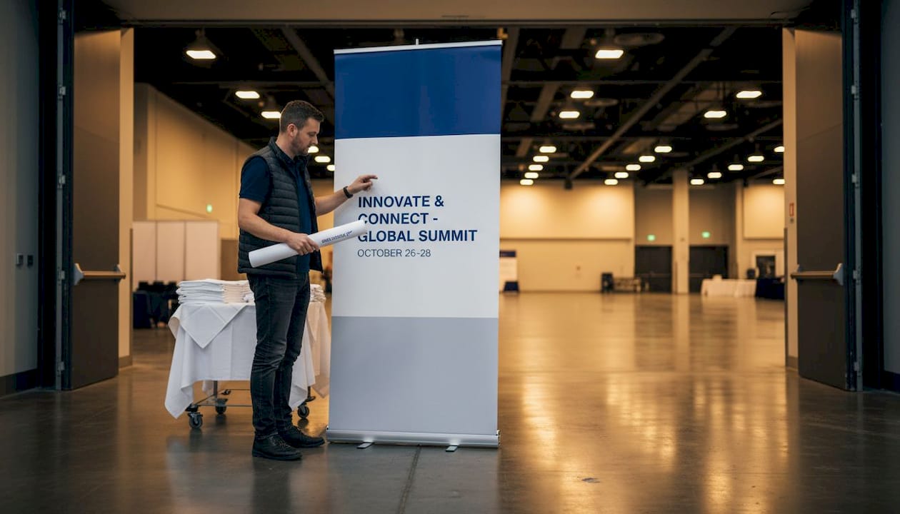Event coordinator checking exhibition signage placement