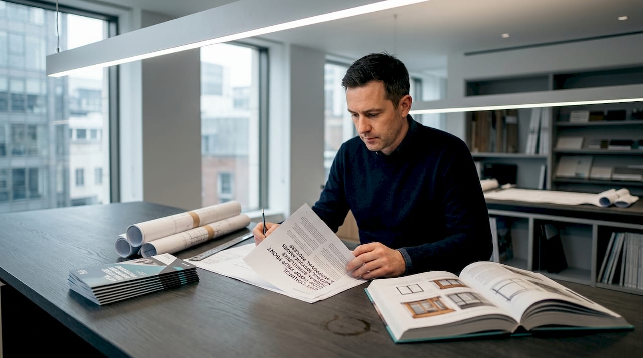 Architect reviewing shop front design standards