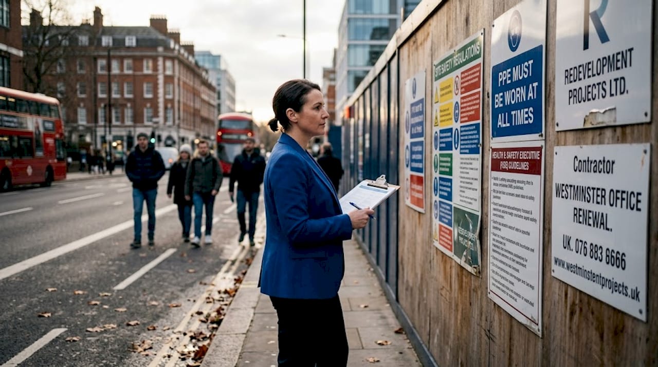 Inspector reviewing compliance signage on construction hoarding