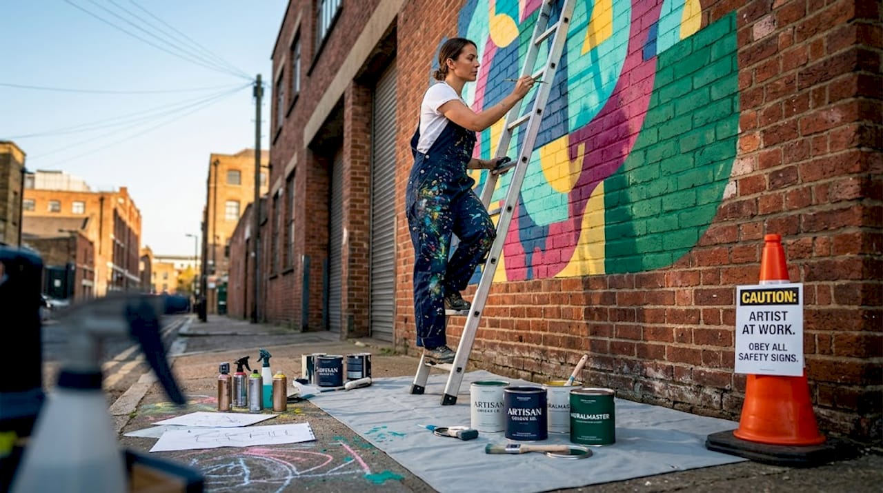 Artist finishing mural on London alley wall