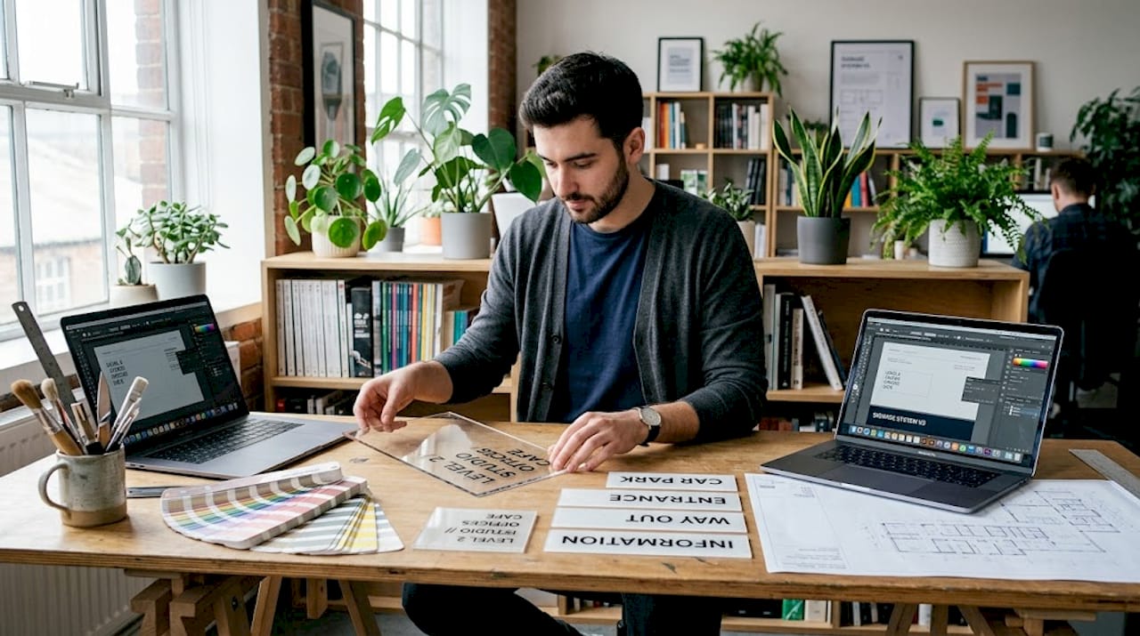 Designer checking sign design proofs
