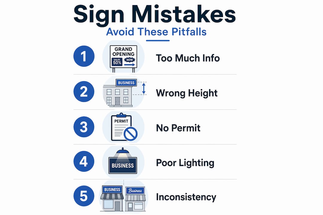 Vertical infographic showing common sign mistakes