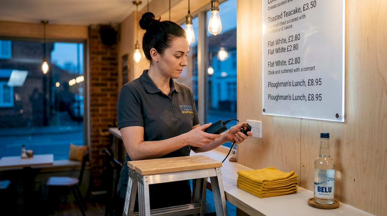 Technician safely preparing to clean wall sign