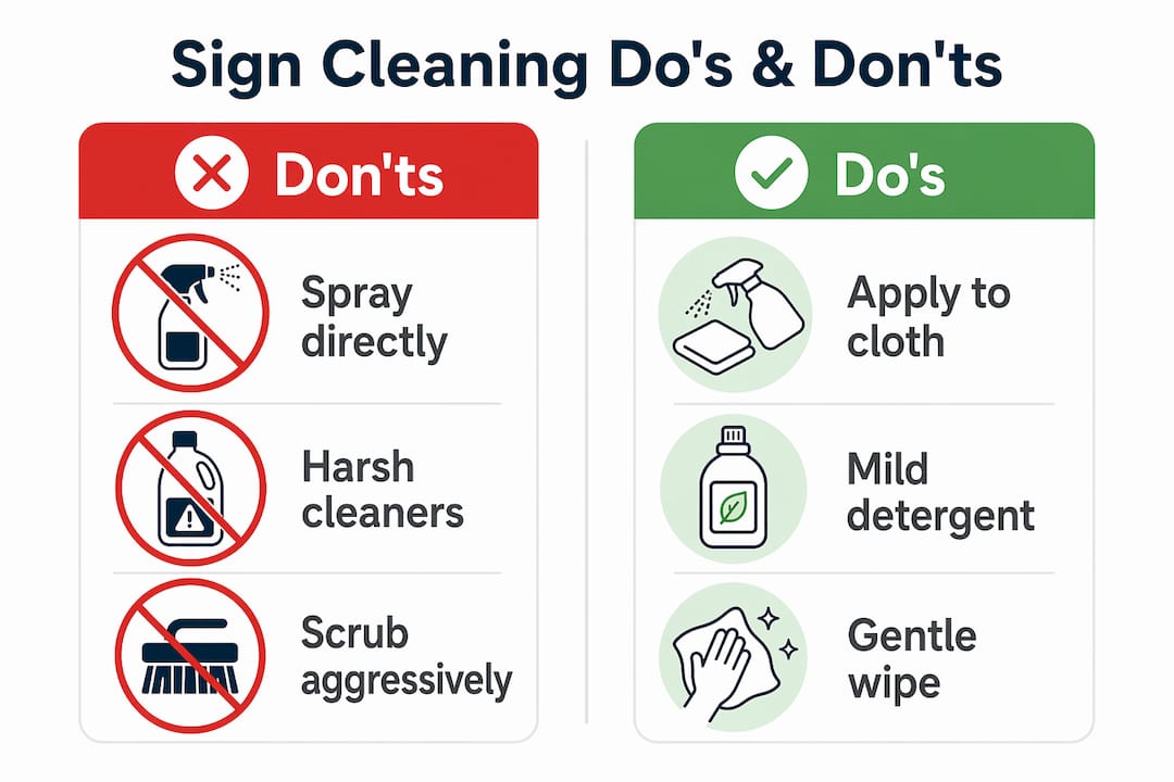 Infographic comparing sign cleaning do's and don'ts