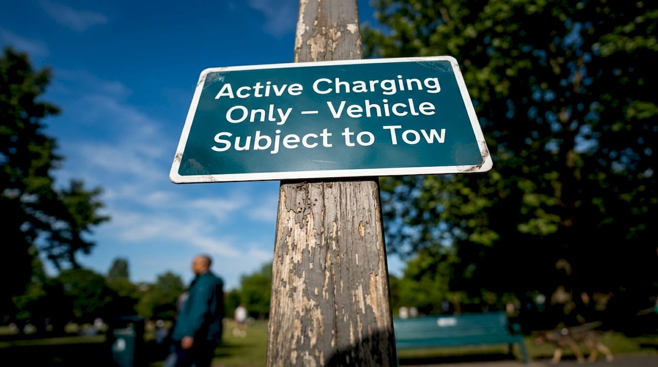 Close-up of regulatory EV charging sign in parking lot