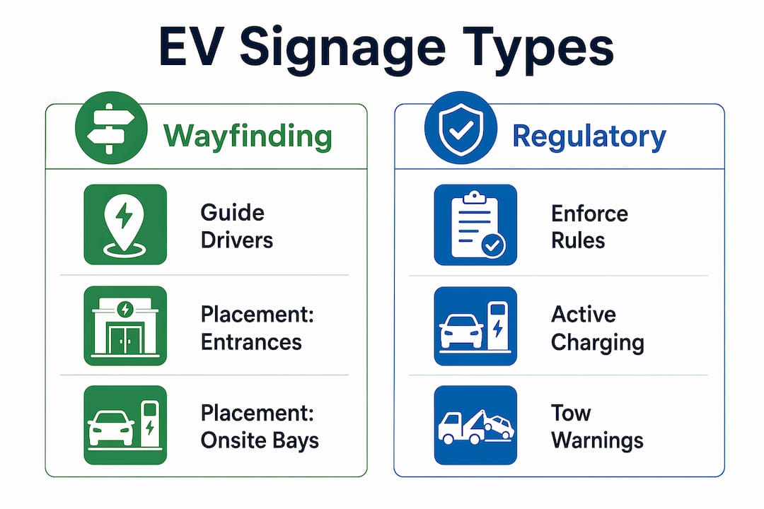 Infographic comparing wayfinding and regulatory EV charging signage