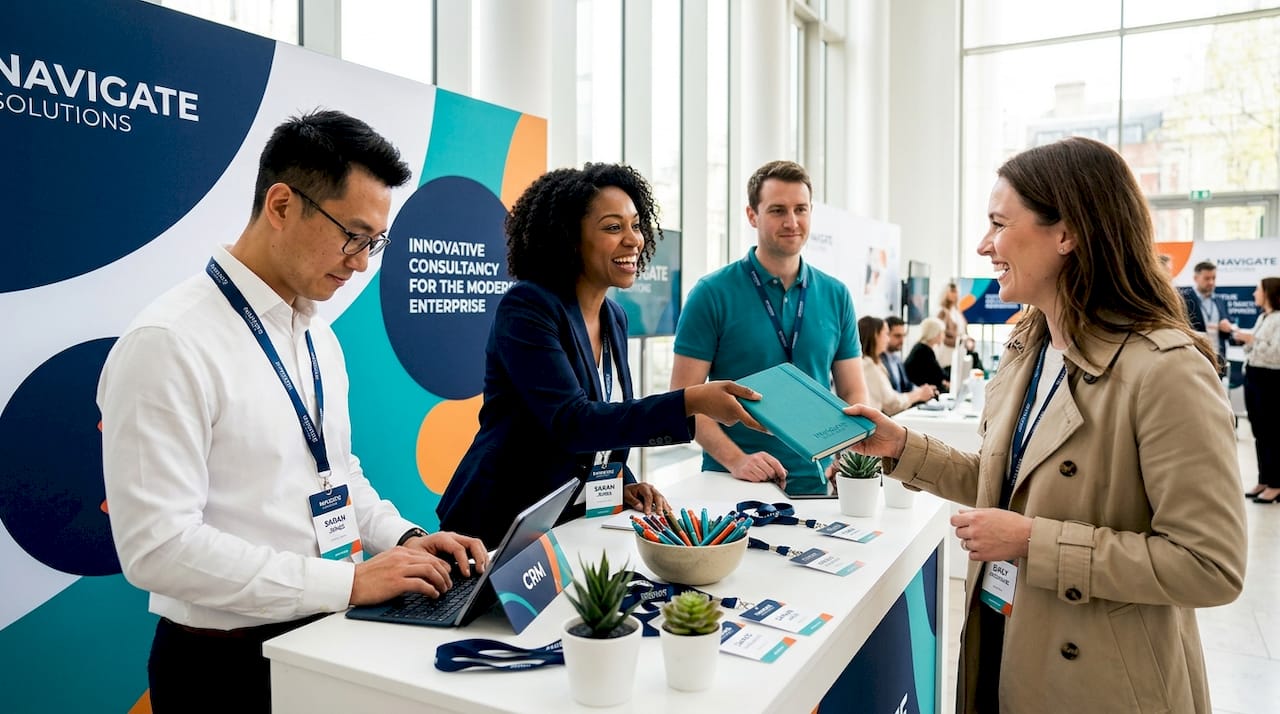 Exhibition staff engaging visitors at booth