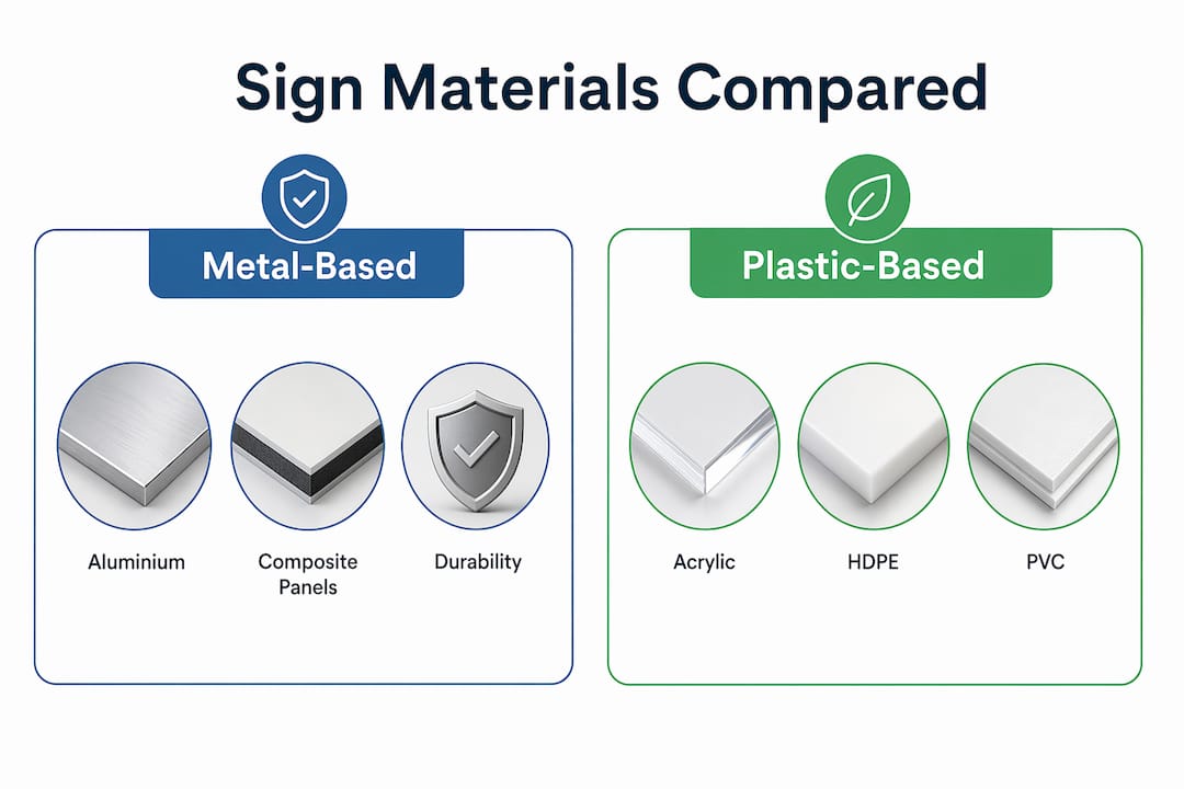 Infographic comparing metal and plastic sign materials