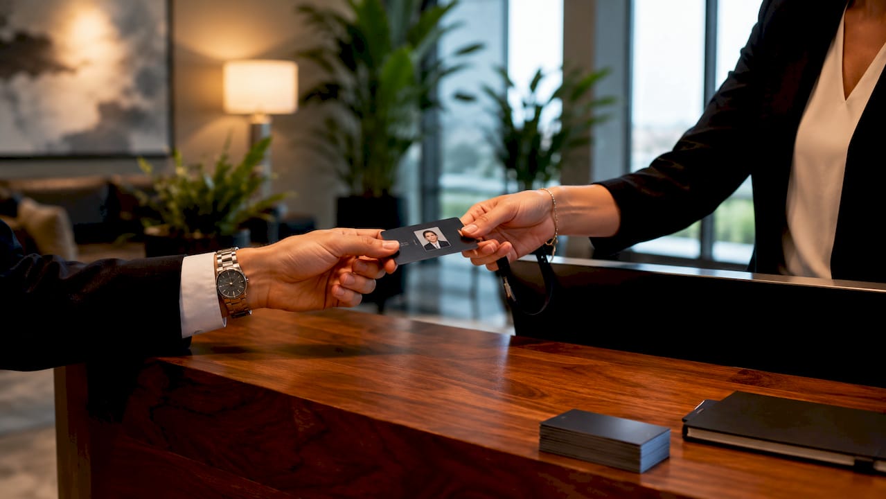 Hands exchanging branded employee ID card
