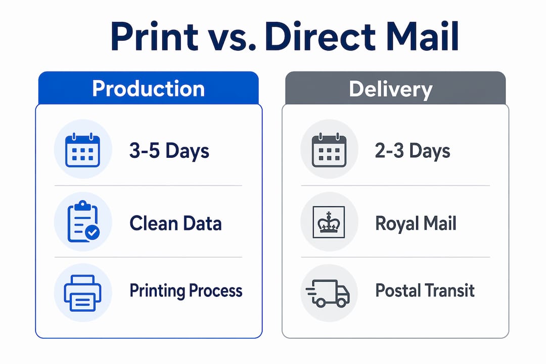 Infographic comparing print production and direct mail stages