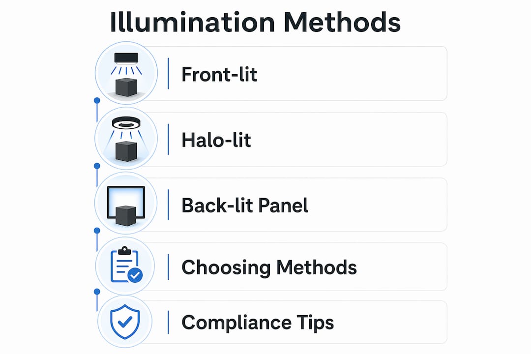 Infographic illustrating key sign illumination methods and considerations