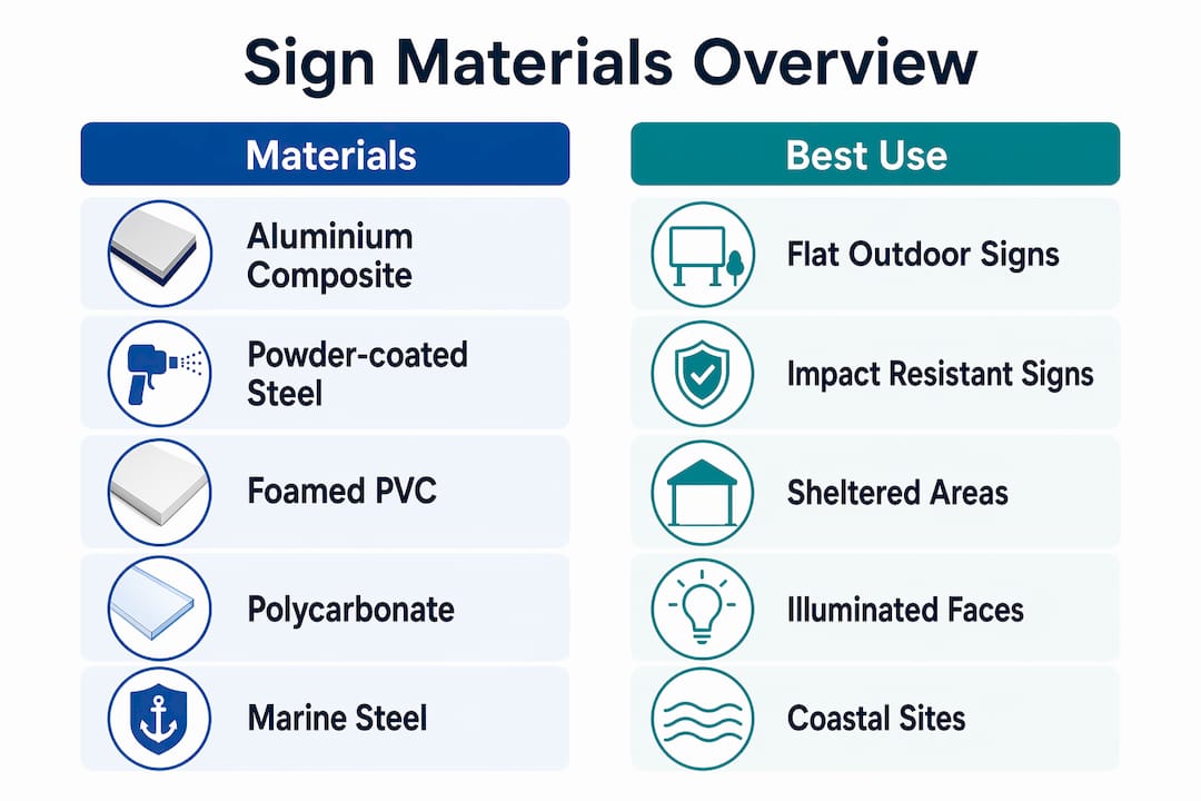 Infographic comparing outdoor sign materials and uses