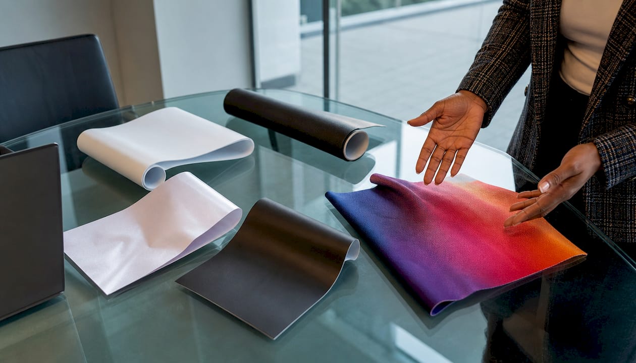 Close-up of various flexible sign materials samples