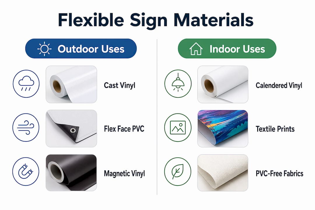 Infographic comparing outdoor and indoor flexible sign materials