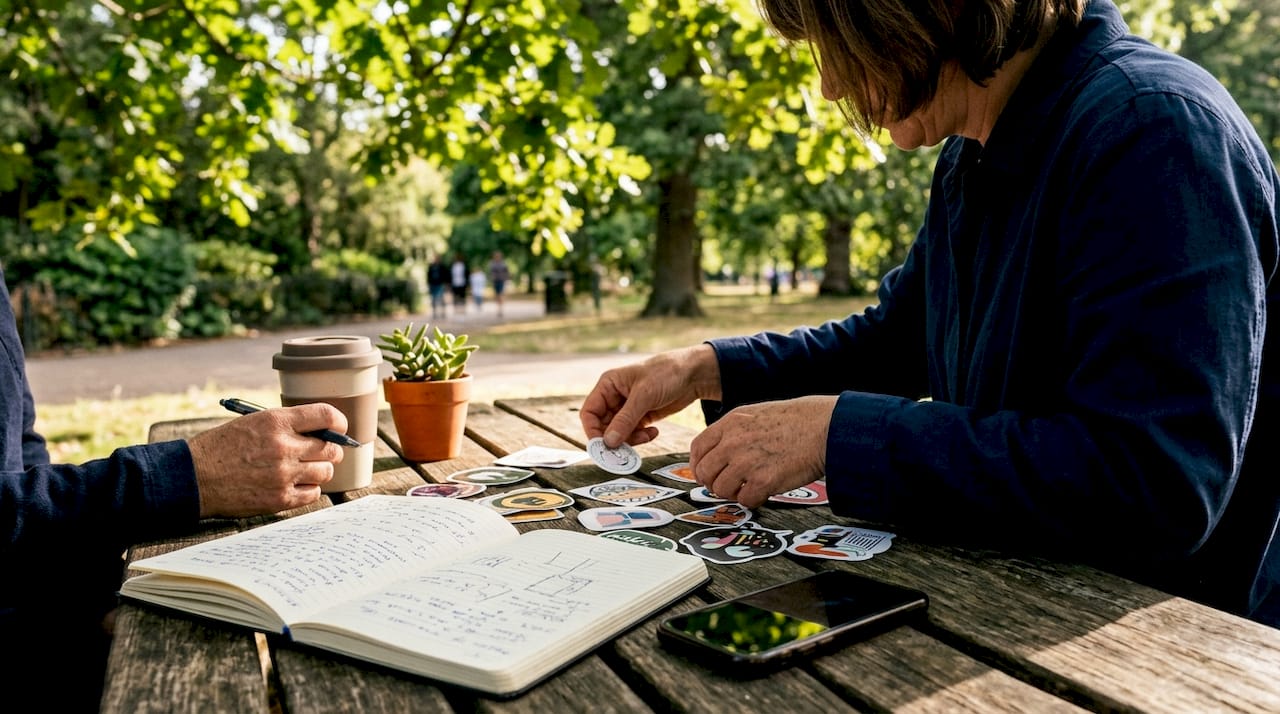 Hands organizing local marketing tools on table