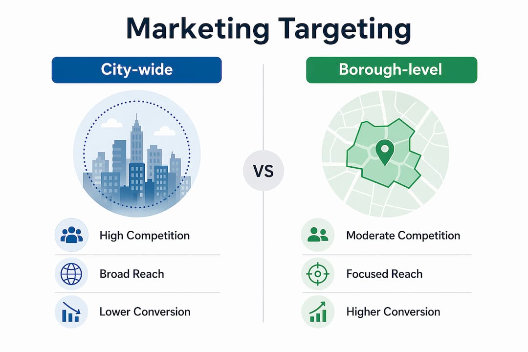 Comparative infographic of city-wide and borough marketing