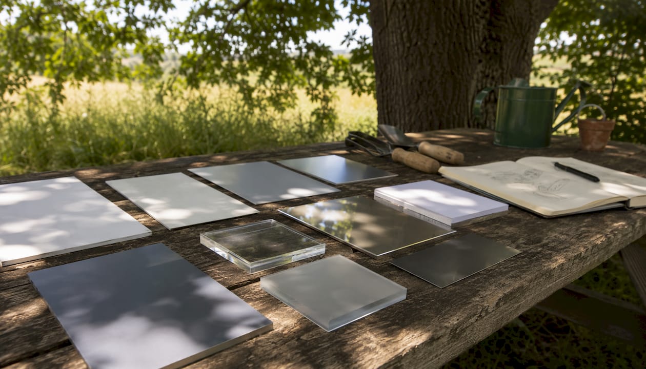 Close-up of mixed outdoor signage materials on workshop bench