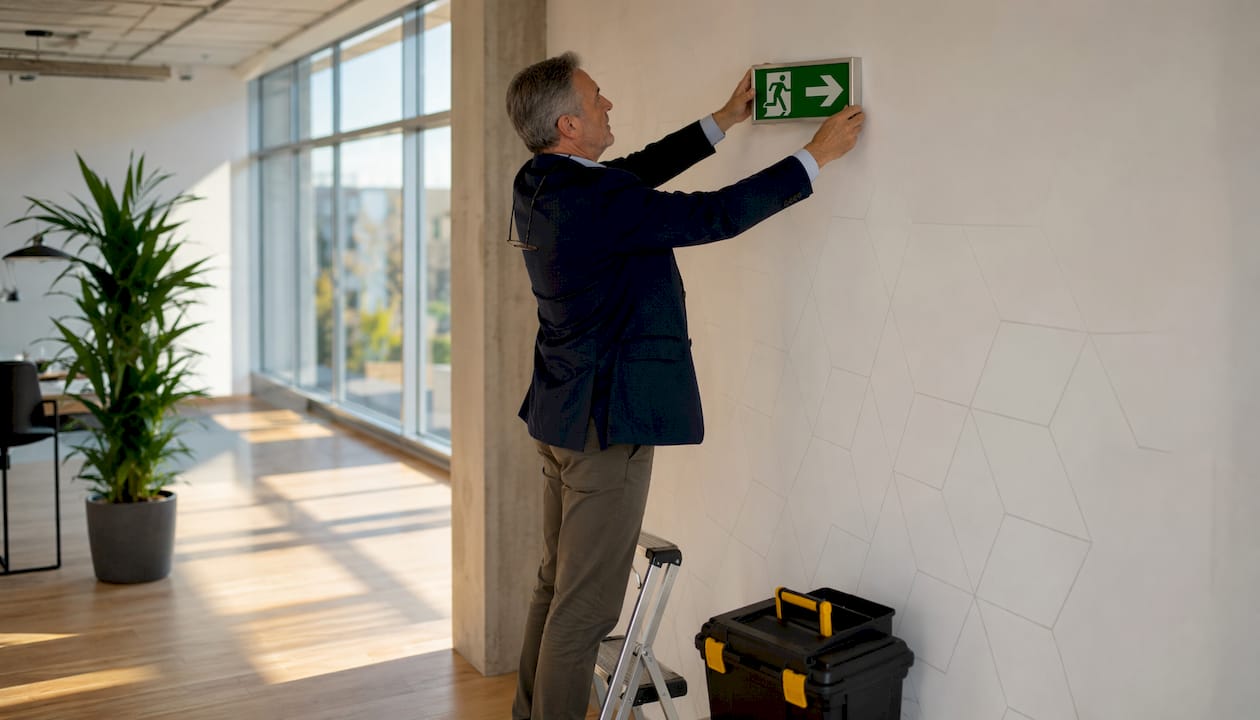 Facilities manager positioning low fire exit sign