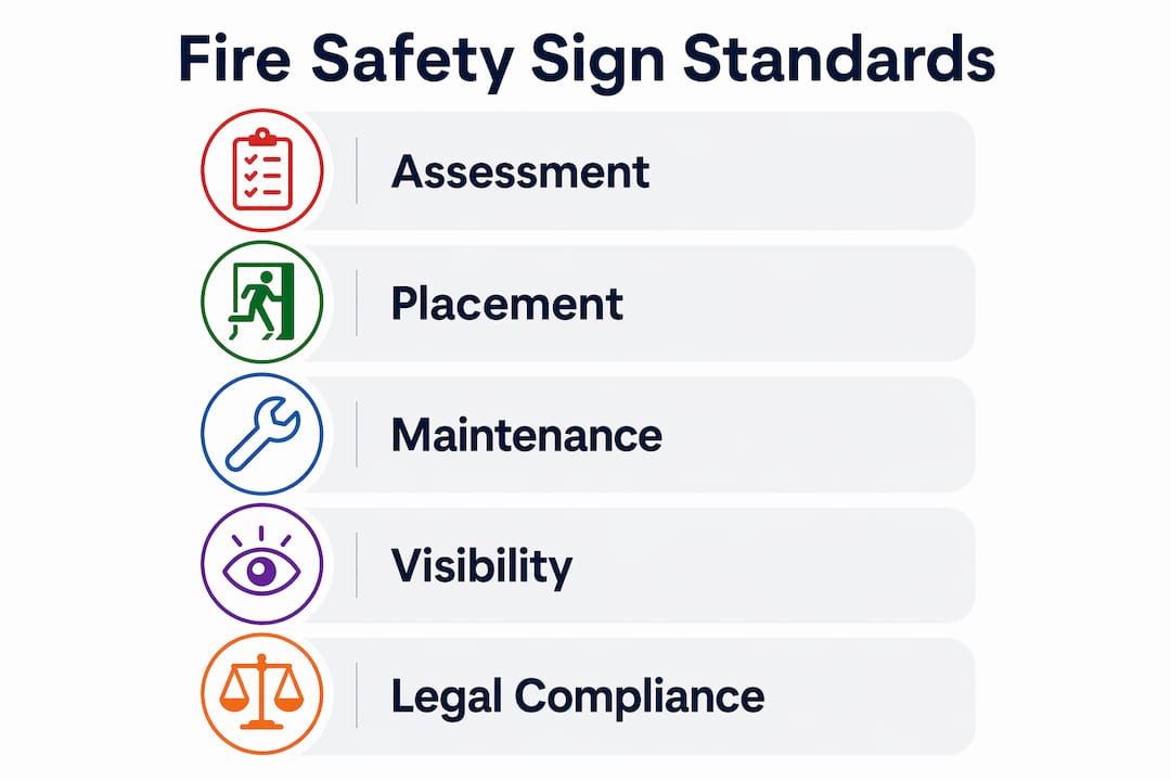 Infographic outlining fire safety sign standards steps