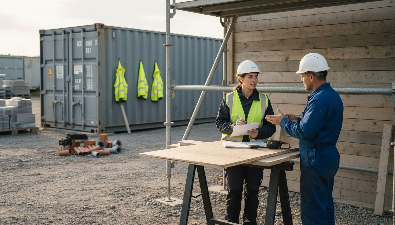 Platschefen lägger upp planeringen för dagens arbete ute på bygget.