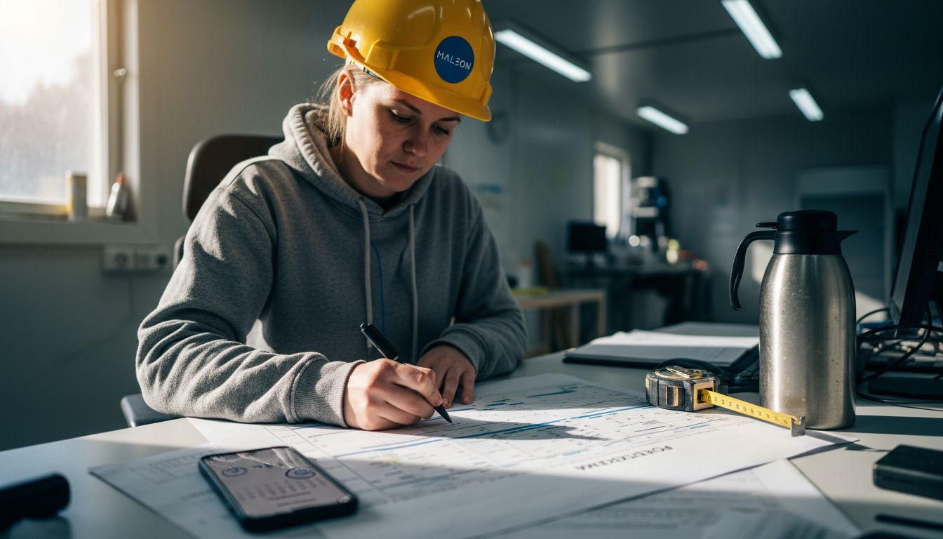En kvinna sitter vid sitt överfulla skrivbord och försöker få ordning på tidsplanen för ett byggprojekt.