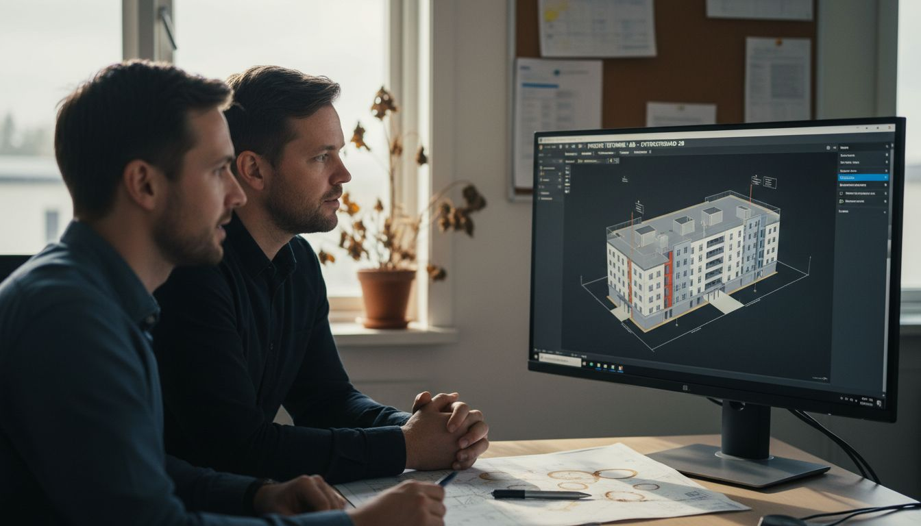 En projektledare går igenom BIM-modellen på kontoret.