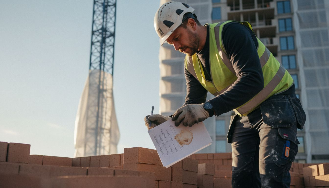 En tekniker undersöker byggmaterial ute på arbetsplatsen.
