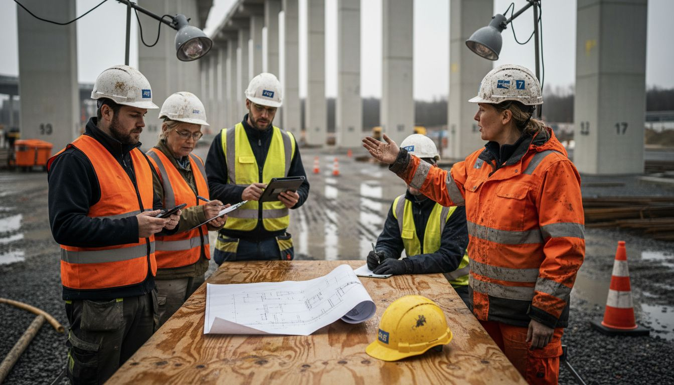 Platschefen håller byggmöte ute på arbetsplatsen.