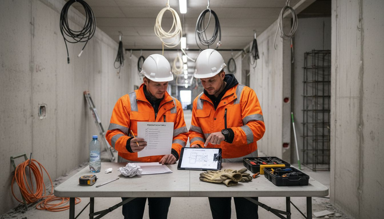 Två ingenjörer går igenom kvalitetsdokument och ritningar.