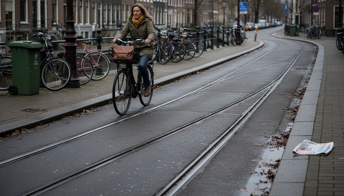 Vrouw probeert elektrische fiets uit op Amsterdams fietspad tussen de tramrails