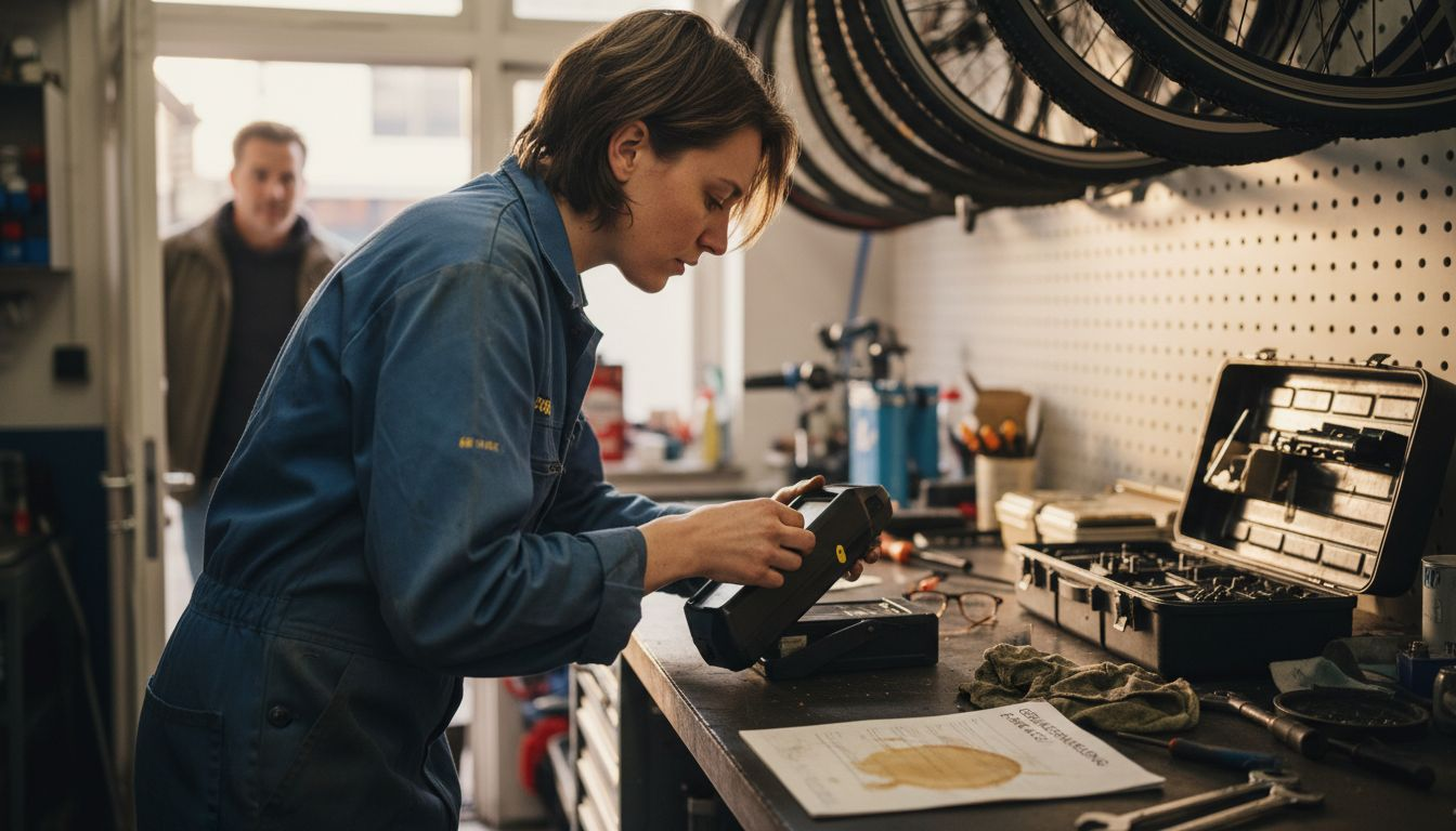Een fietsenmaker bekijkt de accu van een e-bike in de werkplaats.