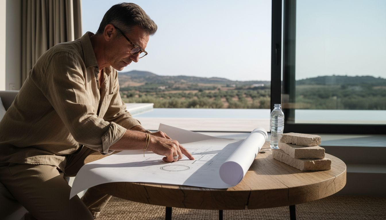 Architect reviews blueprint in luxury pool suite