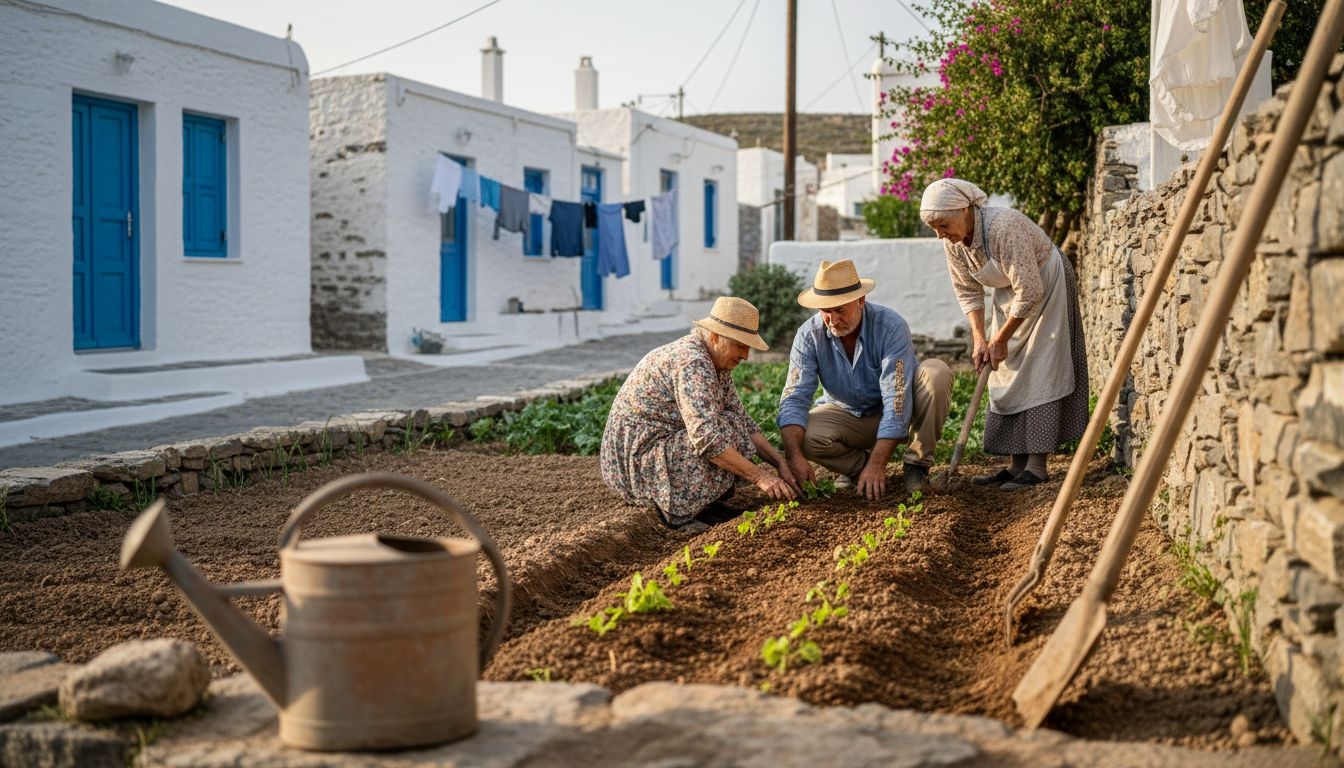 Villagers gardening together in Greek island community