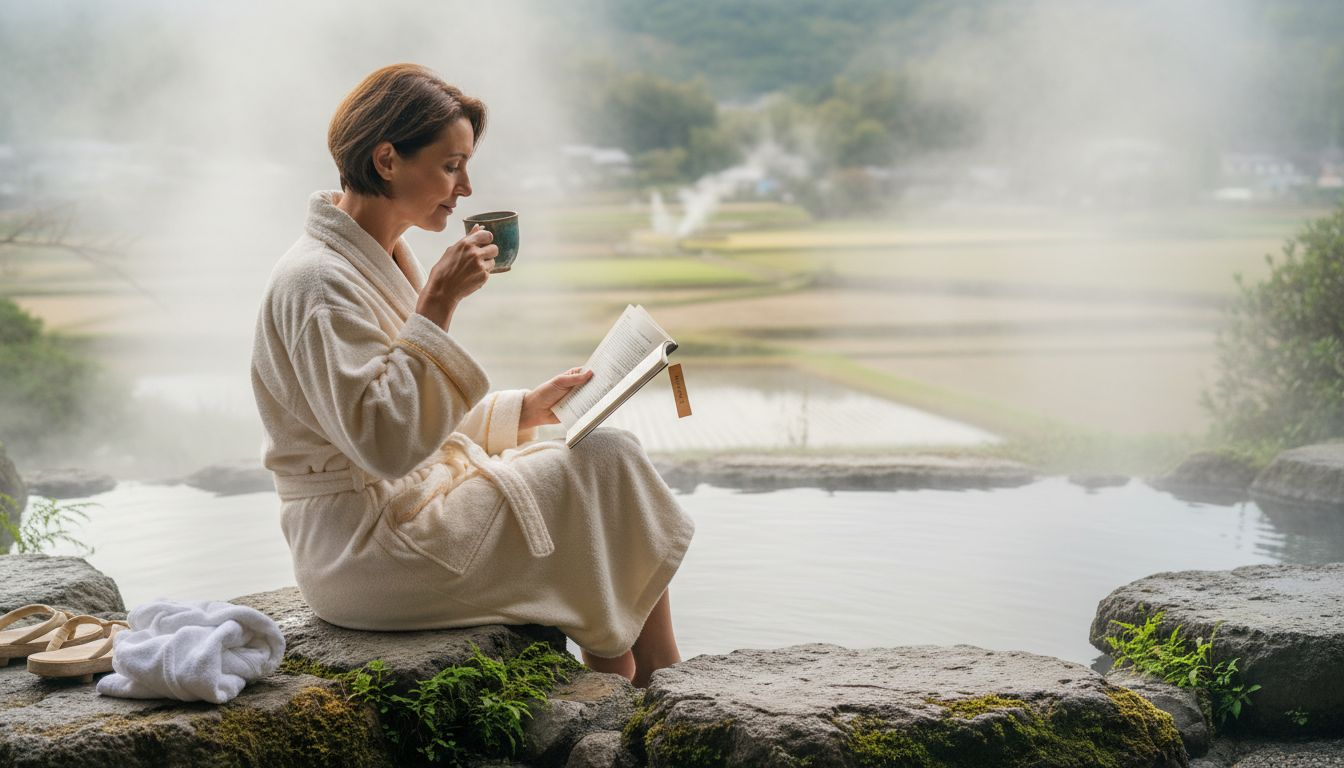 Woman enjoying thermal spring spa Asia