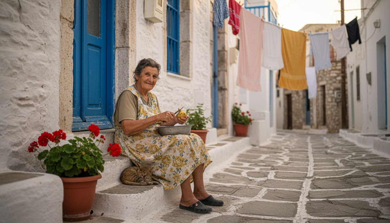 Elderly woman peeling potatoes in Karpathos village