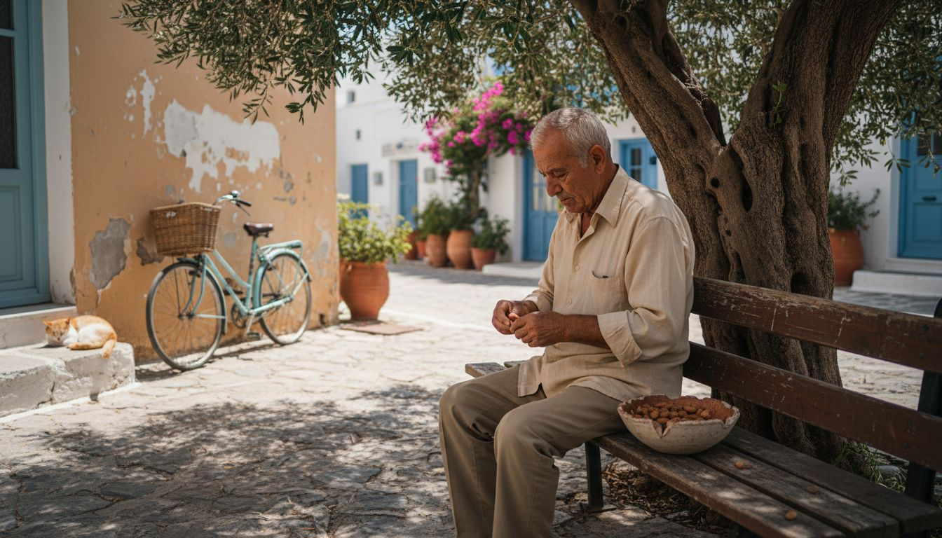 Starejši moški lušči mandlje na vaškem trgu