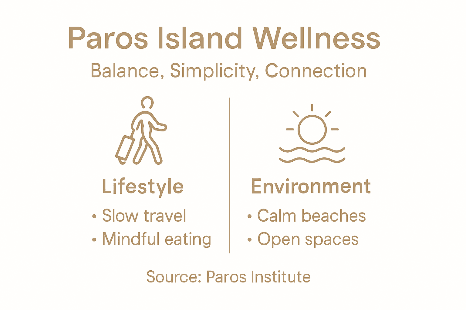 Infografika, ki prikazuje načela ravnovesja dobrega počutja na Parosu