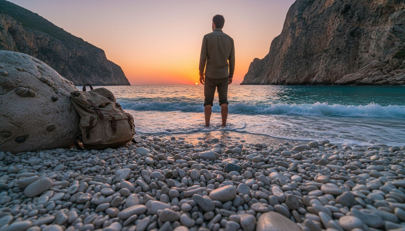 Popotnik, ki ob sončnem zahodu občuduje lepoto plaže Mirtos.