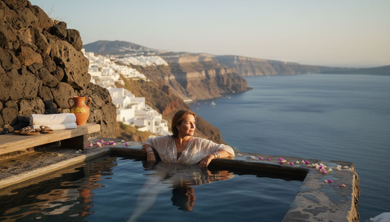Woman relaxing in Santorini cliffside spa pool