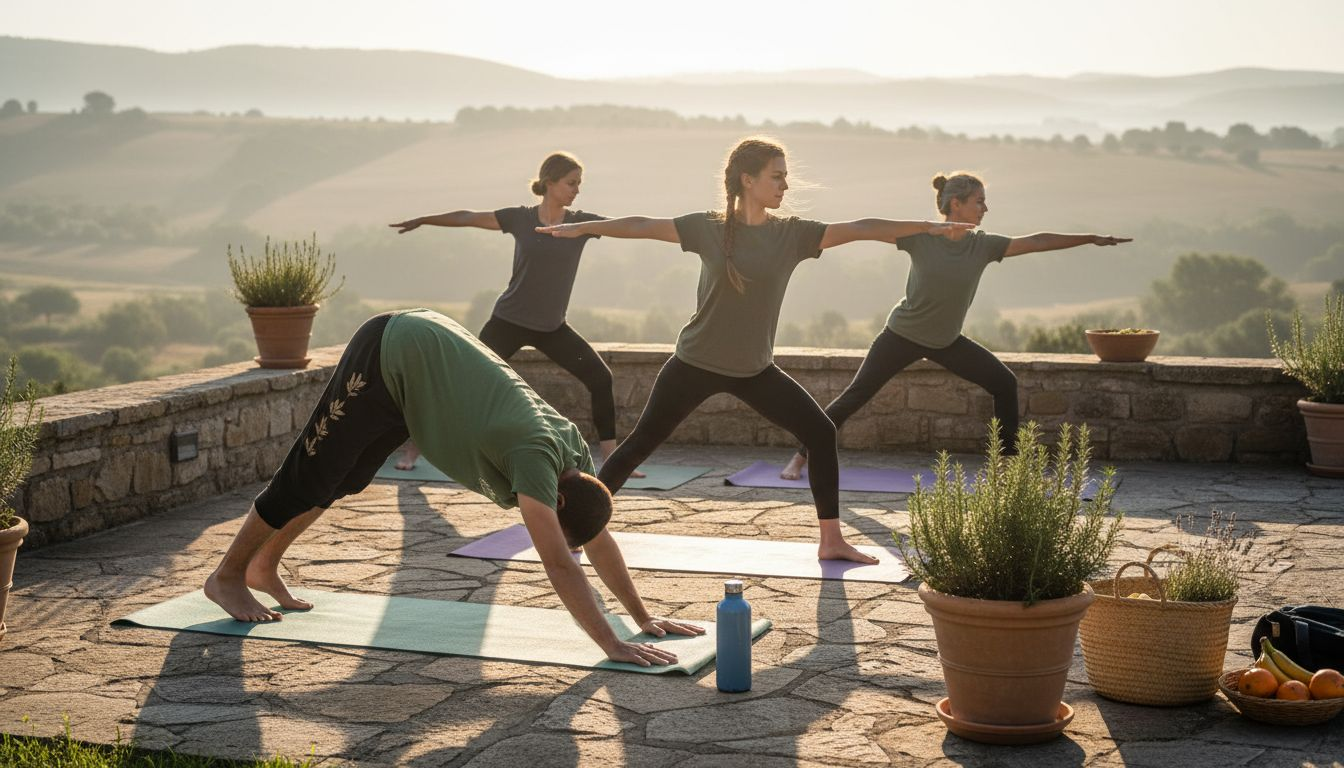 Yoga group practicing at hilltop retreat