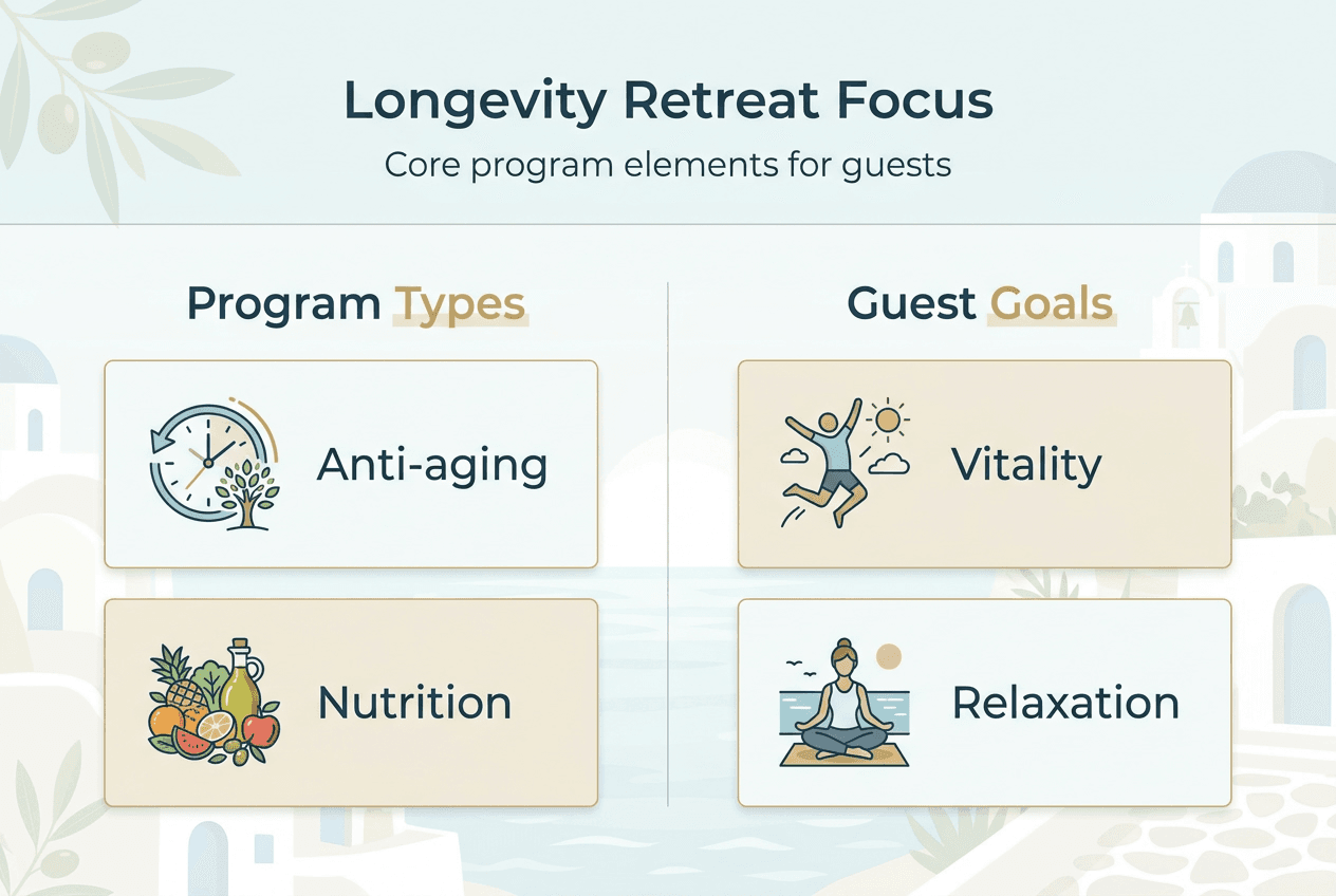 Infographic showing longevity retreat focus elements