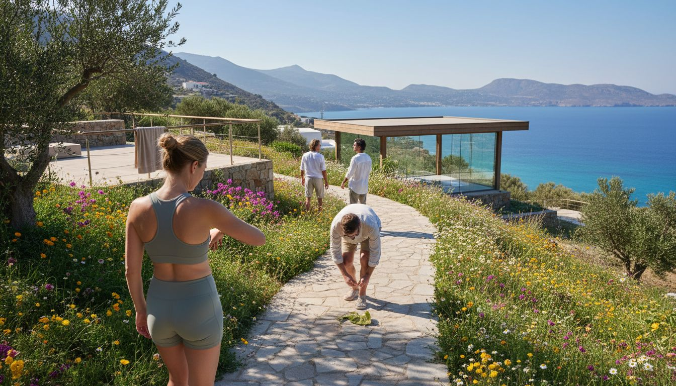 Guests exploring Greek retreat landscape