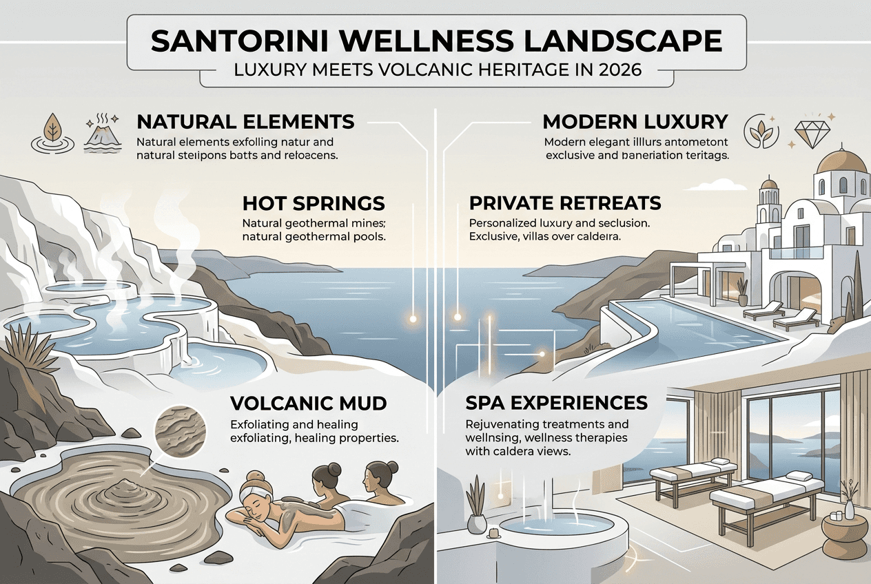 Infographic shows Santorini wellness elements and luxury