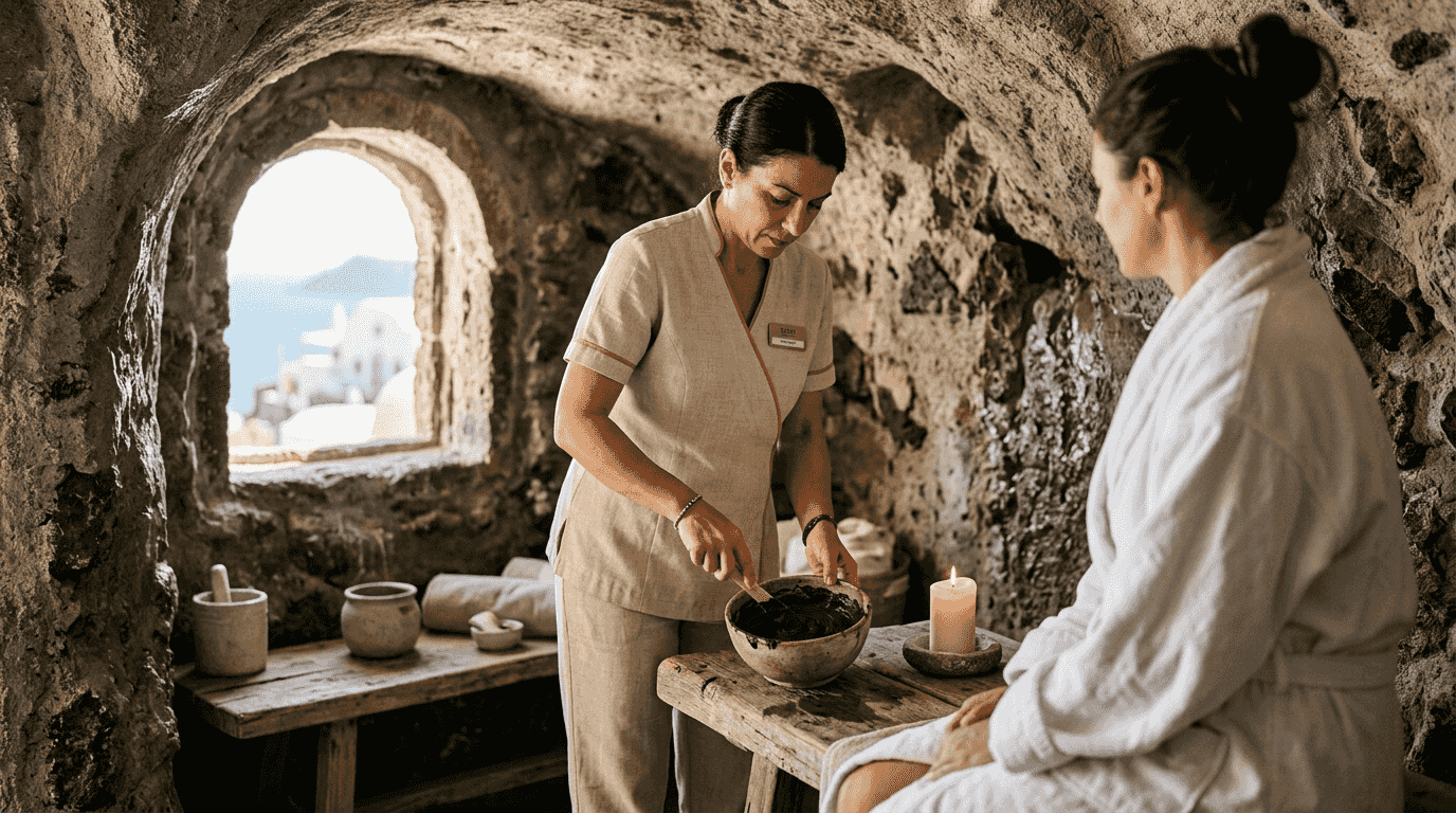 Spa therapist preparing volcanic mud treatment