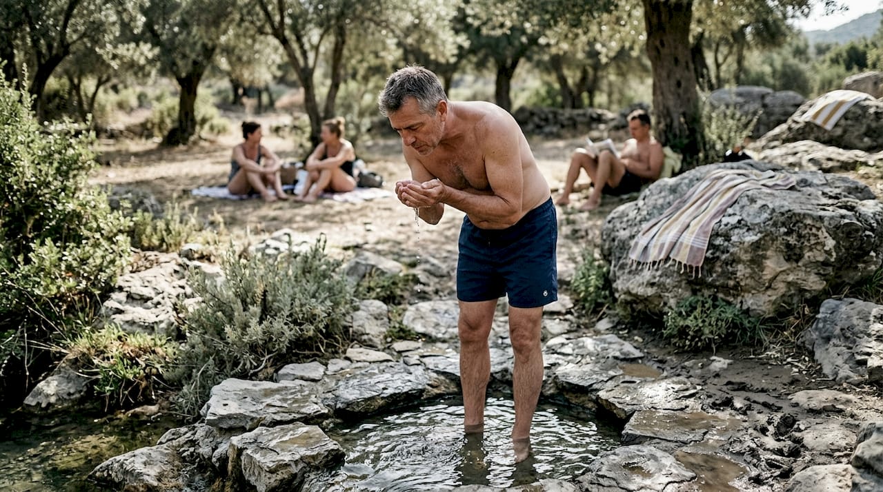 Man rinsing face in Greek thermal spring