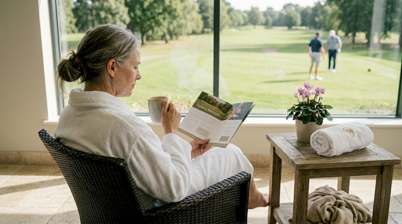 Spa lounge overlooking golf course activity