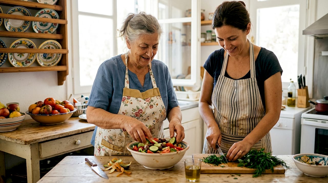 Family preparing fresh Greek meal together