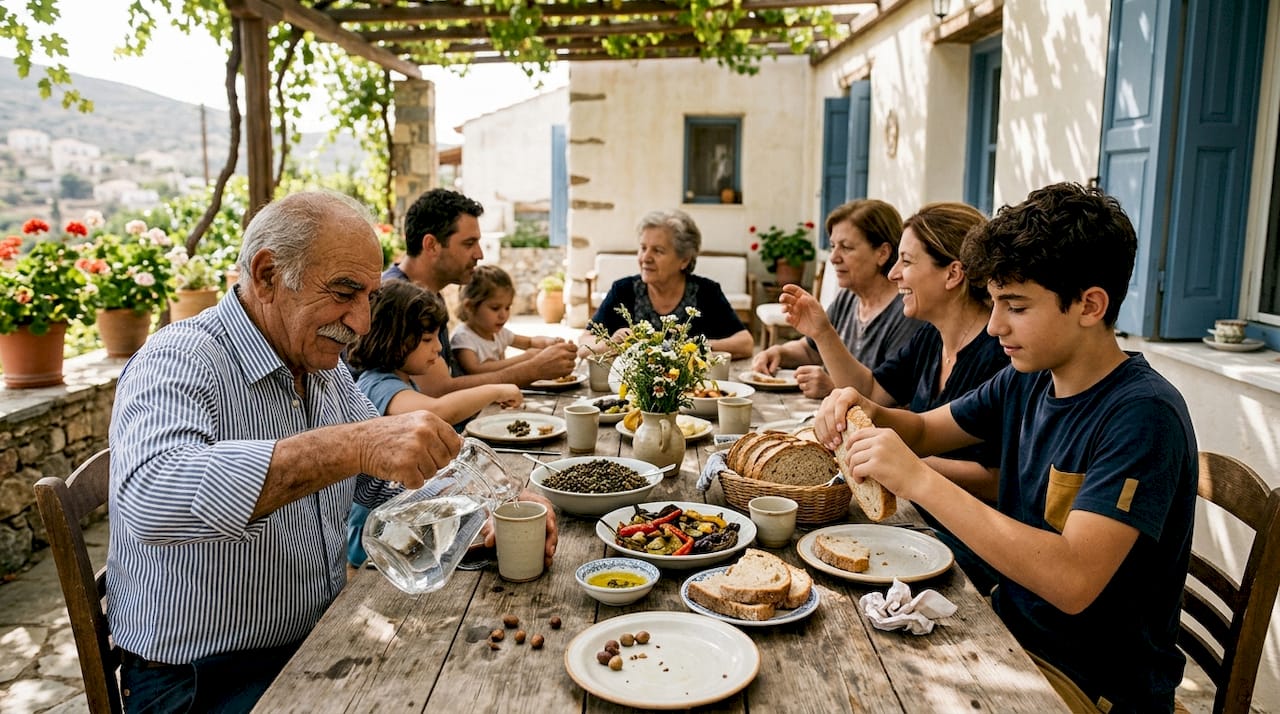 Family sharing Greek longevity foods outdoors