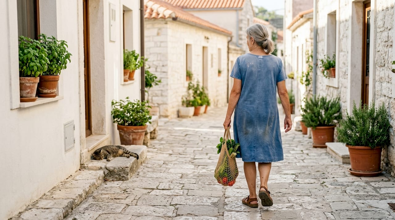 Starejša ženska počasi hodi po grški ulici