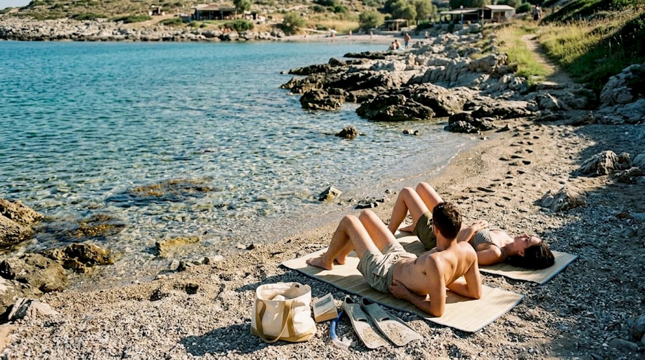 Couple relax on quiet Kopria Beach Rhodes
